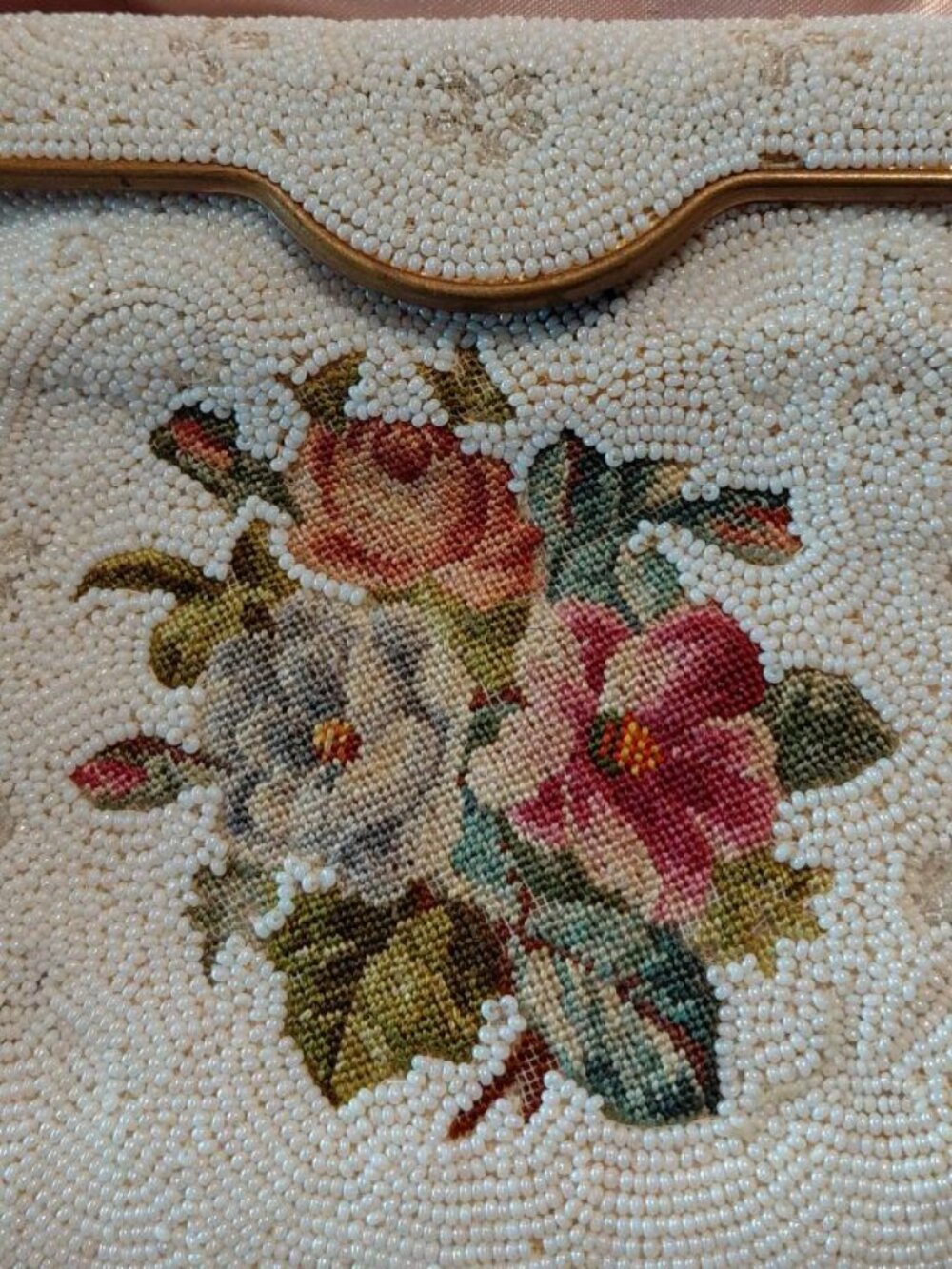 Vintage White Needlepoint Beaded Purse, Goldtone Closure